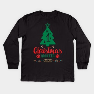 My First Christmas Adopted 2020, Xmas Tree Ugly Pajamas Gift Kids Long Sleeve T-Shirt